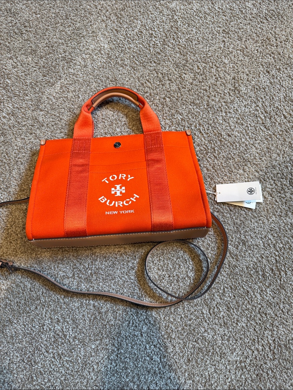 NWT Tory Burch  Bright Orange Canvas Tote with Leather Trim